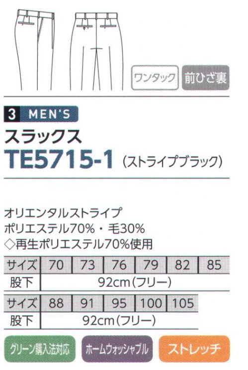 The FELLOWS TE5715-1 スラックス 空間に洗練とスタイルを。お客様に相対するその一瞬で心を捉える誠実なホスピタリティと豊かな想像力をもかきたてる高い演出力を持ち合わせた洗練の「シンボリック・ウェア」コレクション。凛として、ファンタスティックな空間を創造します。「オリエンタルストライプ」気品漂う繊細なストライプ柄。ストレッチに優れ、動きやすさも魅力の素材です。 サイズ／スペック